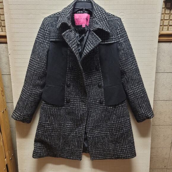 Betsey Johnson Size 12 wool Double breasted coat black Cream Tweed Jacket Pocket - Picture 2 of 11